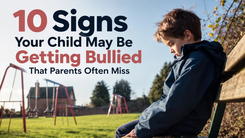 A child sitting alone on a playground bench, representing signs a child may be experiencing bullying